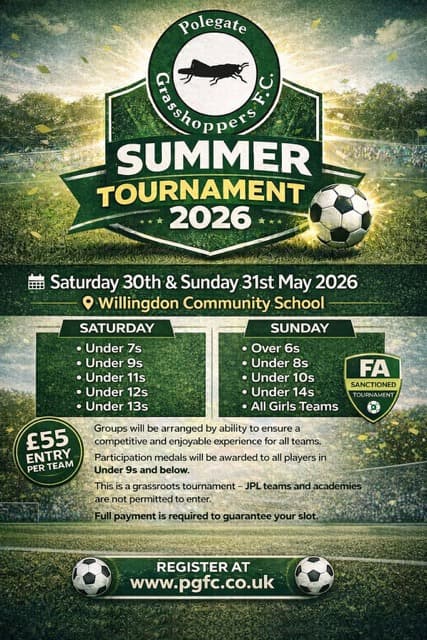 Polegate Grasshoppers FC 2026 Summer Tournament flyer