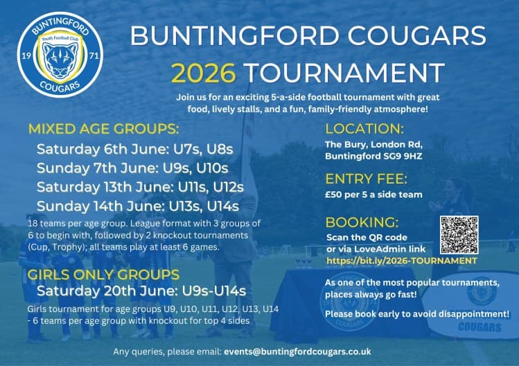 Buntingford Cougars 2026 5-a-Side Tournament flyer